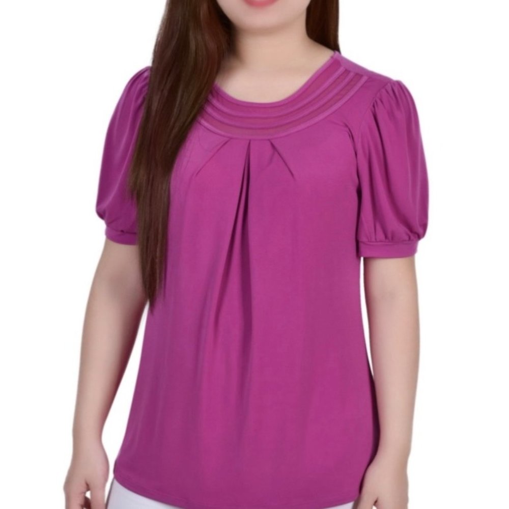 Ny Collection Petite Short Puff Sleeve Mesh Inset Top Magenta Size PL NWT
